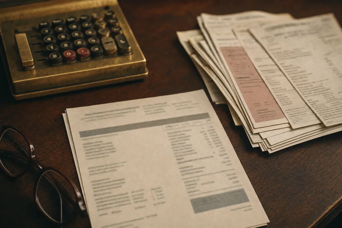 Brass adding machine, folded reading glasses and stacked partnership billing statements on a dark oak table