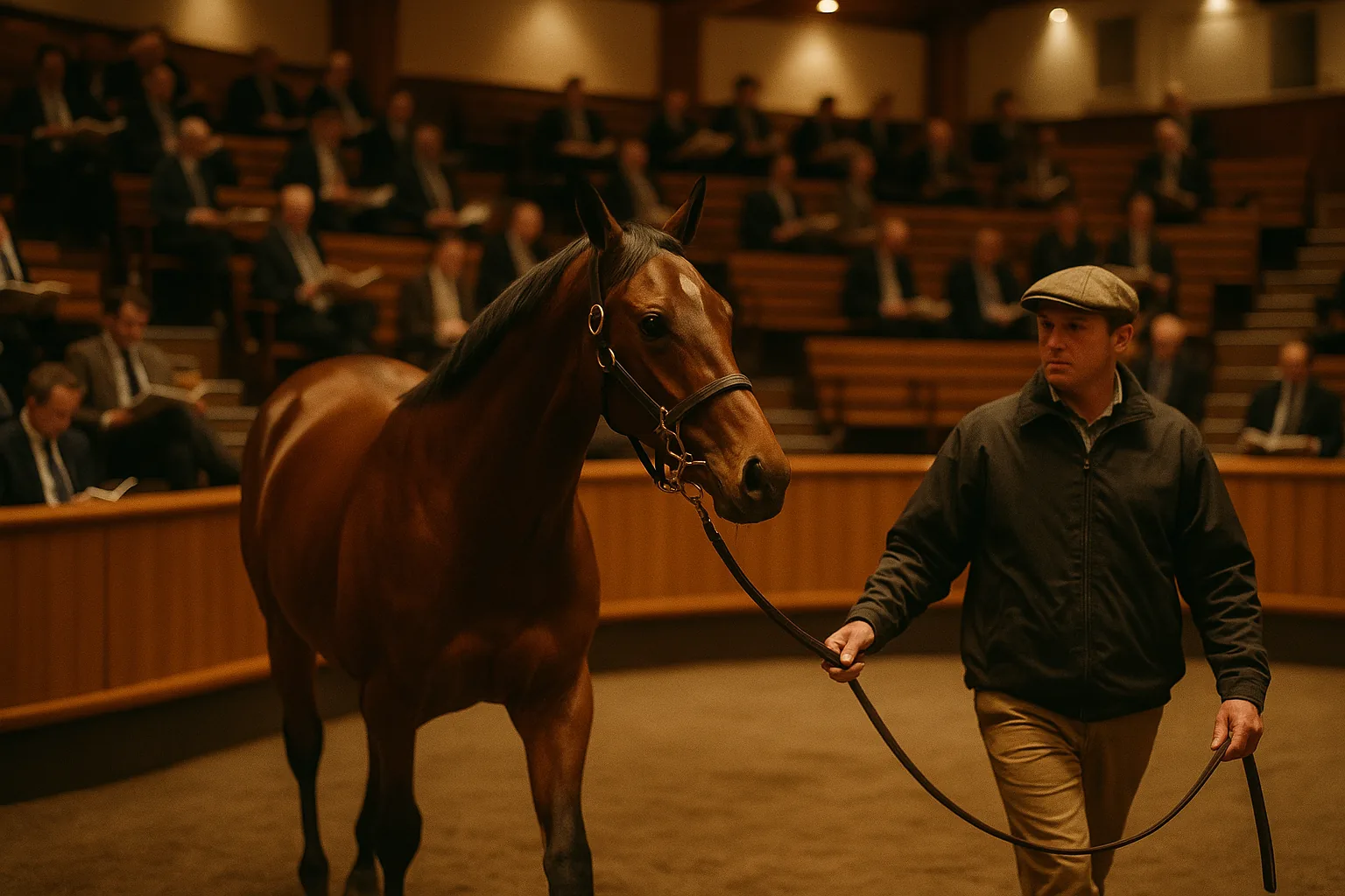 A bay Thoroughbred yearling led before seated buyers at a bloodstock auction ring