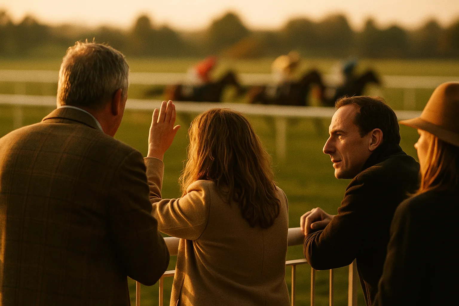 Small group of racehorse owners at the rail at golden hour watching their horse race