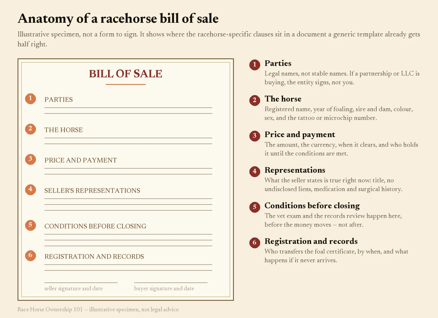 Annotated specimen equine bill of sale with six numbered clause blocks and buyer callouts