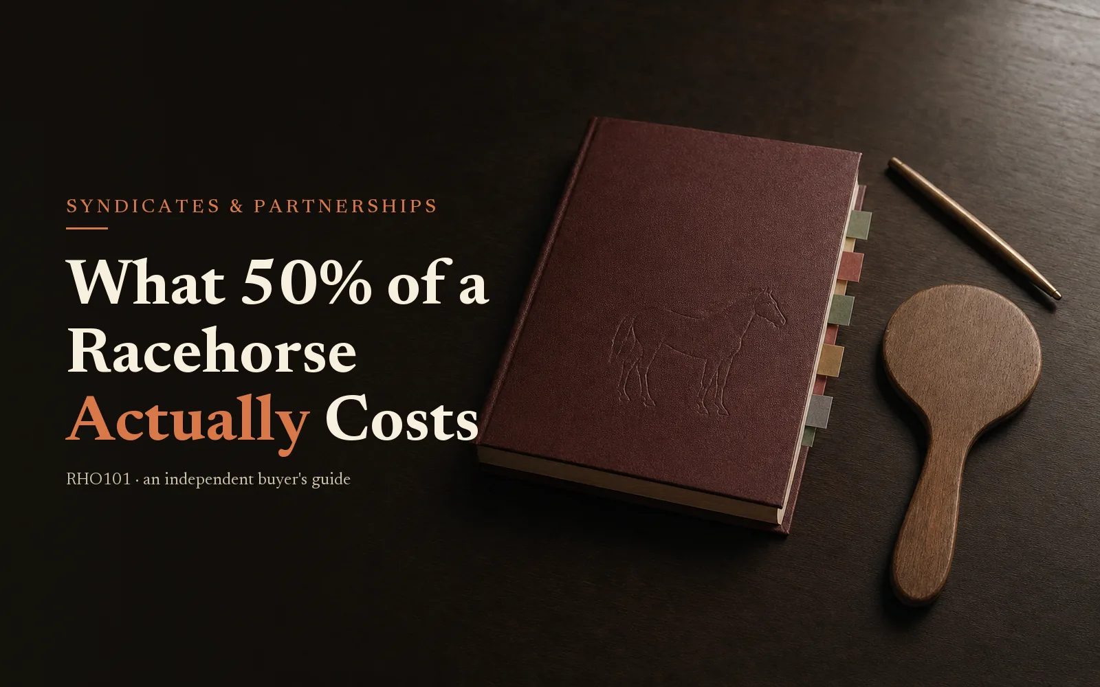 Oxblood thoroughbred sale catalogue and bidder's paddle on dark oak, headed What 50% of a Racehorse Actually Costs