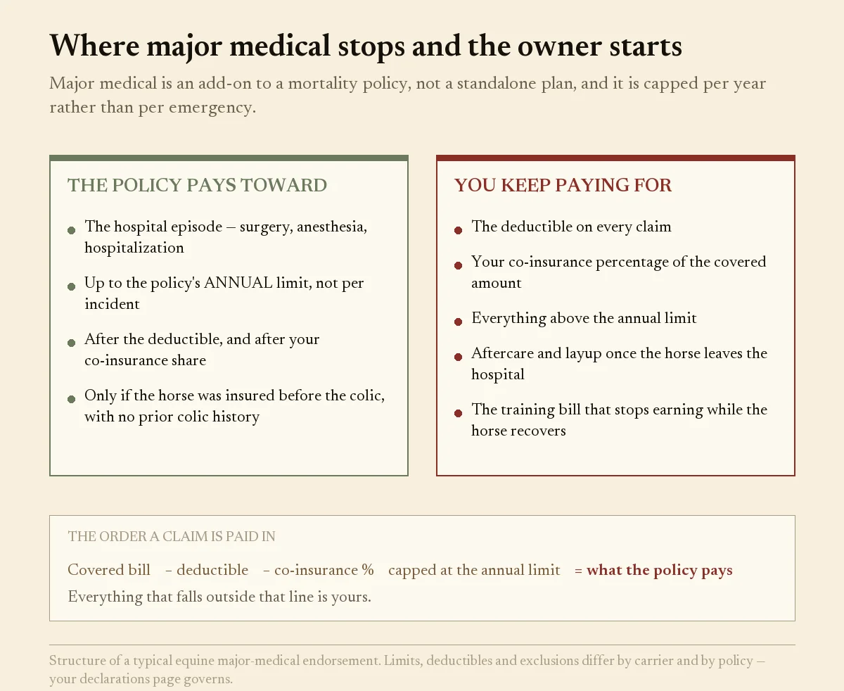 Panel comparing what equine major medical pays toward colic surgery versus what the owner keeps paying