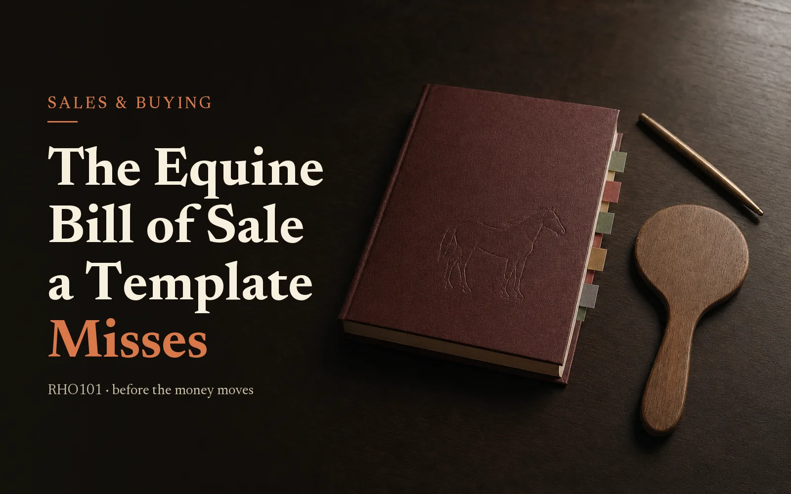 Oxblood thoroughbred sale catalogue and bidder's paddle on dark oak, titled The Equine Bill of Sale a Template Misses