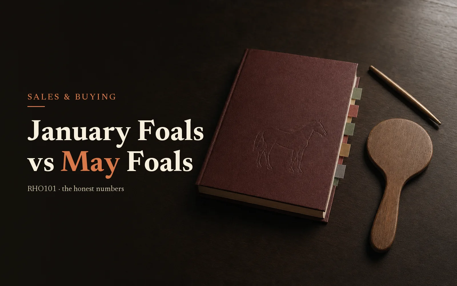 Oxblood thoroughbred sale catalogue and bidder's paddle on dark oak, headline January Foals vs May Foals