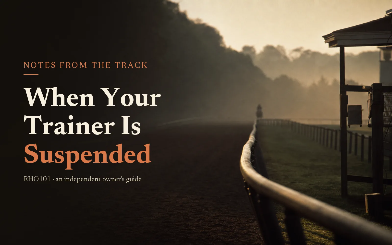 Training rail at dawn in mist with headline When Your Trainer Is Suspended