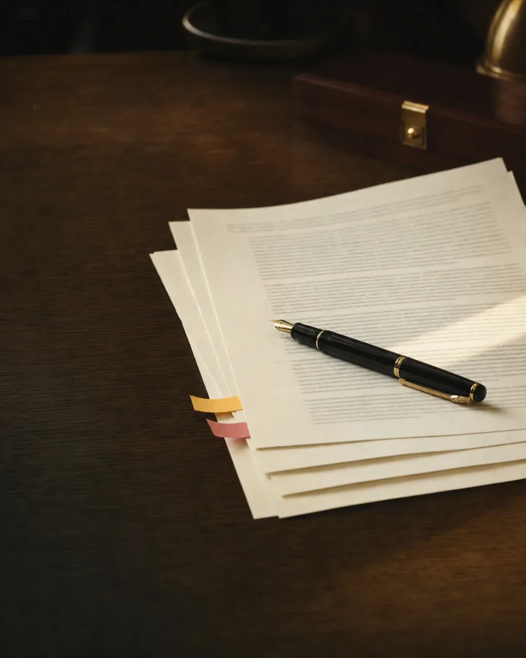 Typed racehorse lease agreement on a dark oak desk with fountain pen and coloured page tabs