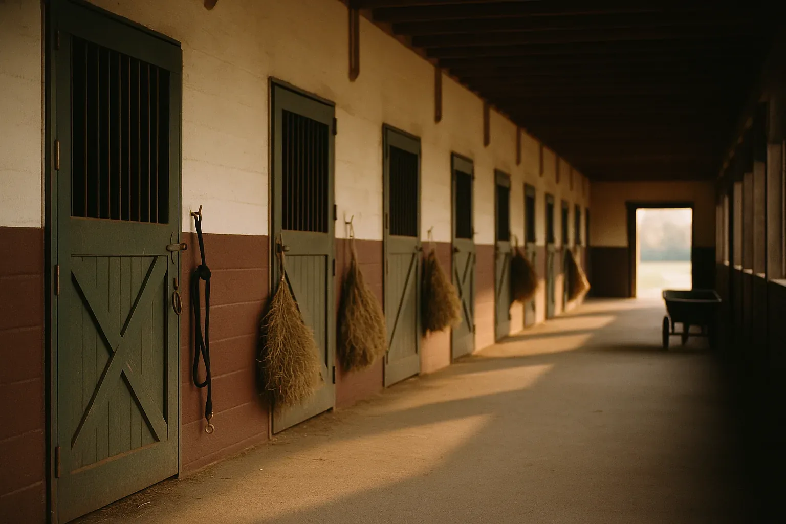 Empty stable shedrow at dawn with green stall doors, hay nets and a wheelbarrow at the far end