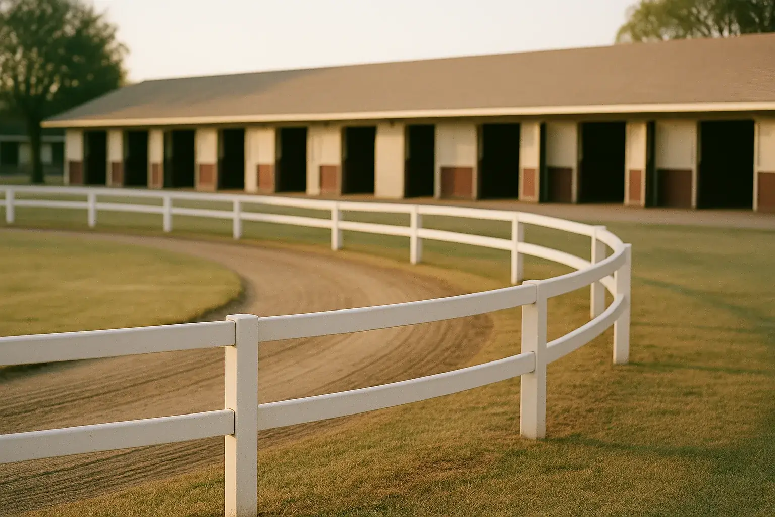 Empty training barn and white rail beside a dirt track in soft late-afternoon light