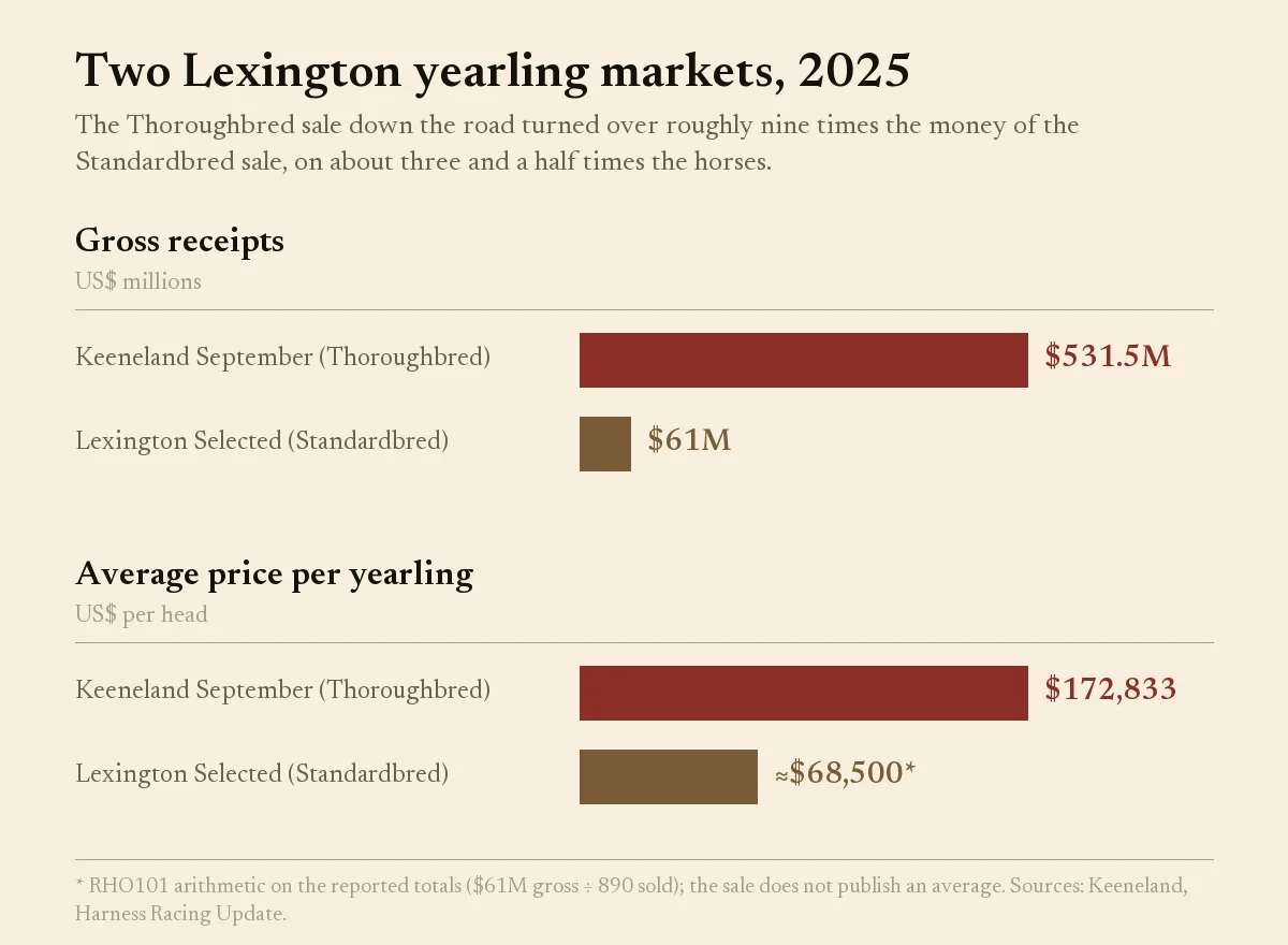 Bar chart comparing 2025 yearling sales: Keeneland September $531.5M gross, Lexington Selected $61M gross