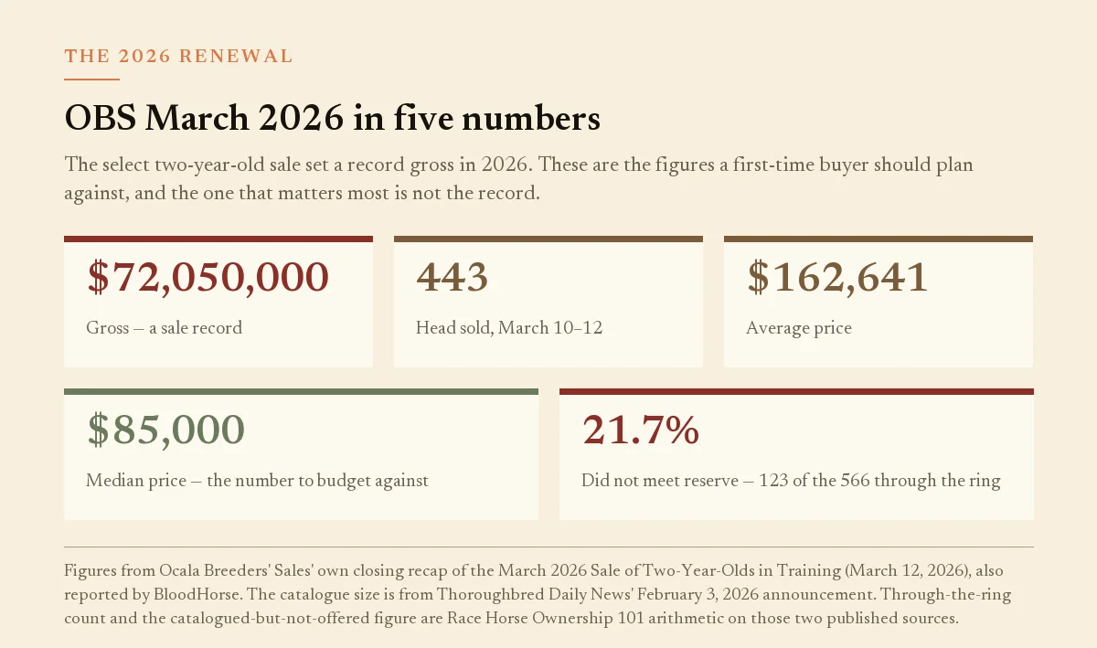 Stat panel: OBS March 2026 sold 443 head for $72,050,000, average $162,641, median $85,000