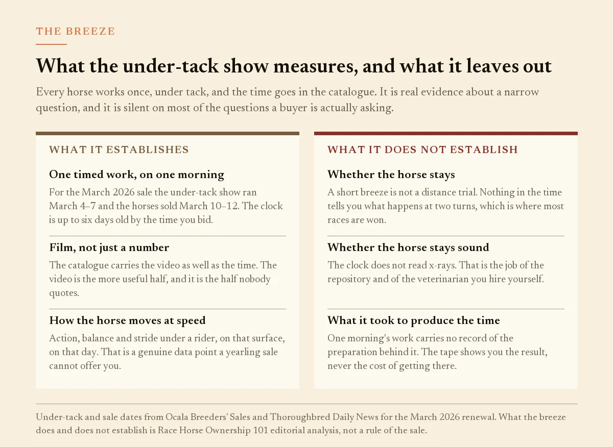 Two-column panel comparing what an under-tack breeze time establishes against what it does not